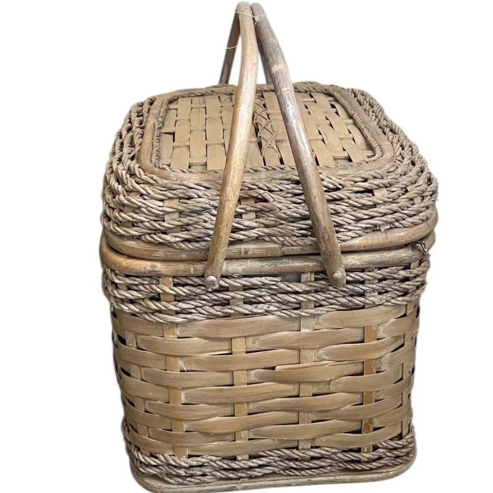Vintage Large Pastel Rattan Picnic Basket with handles & food blanket